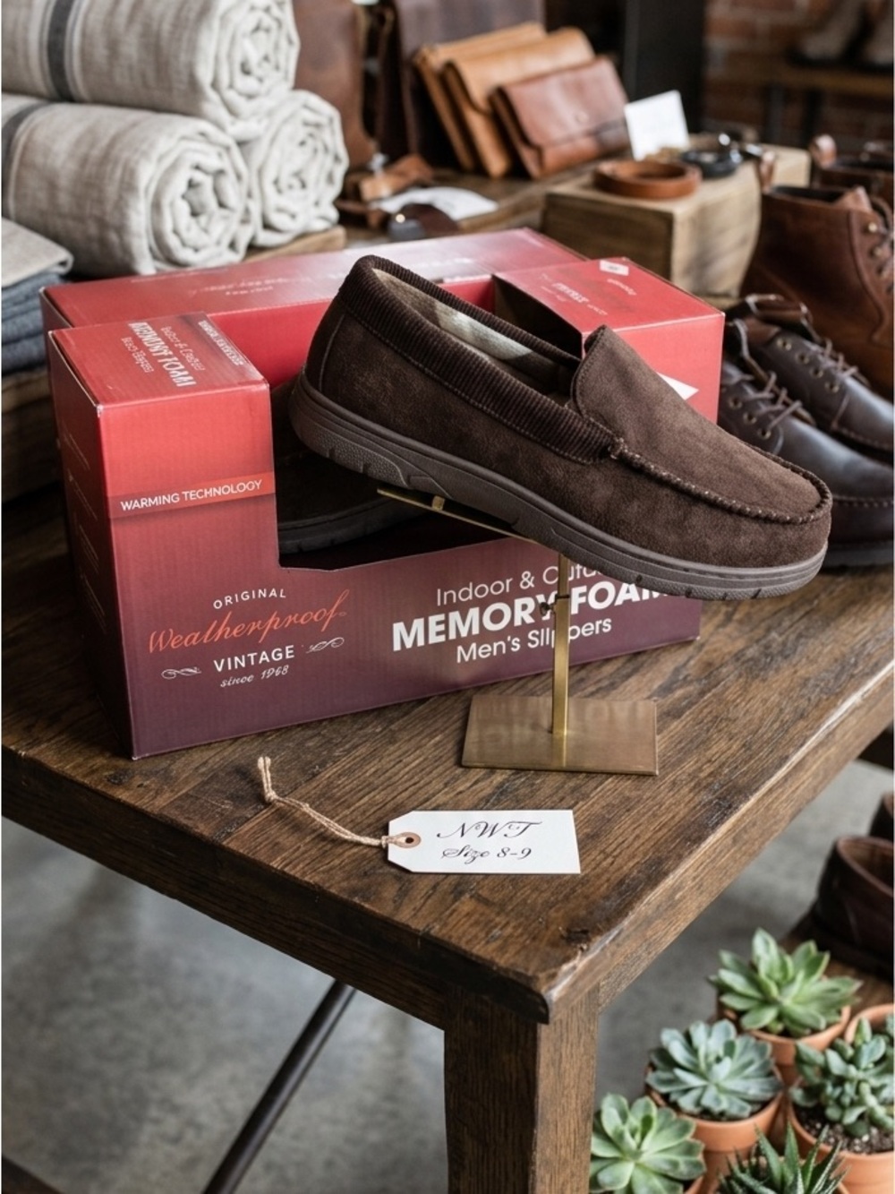 NWT Weatherproof Vintage Men’s Memory Foam Slippers Brown Size M 8-9